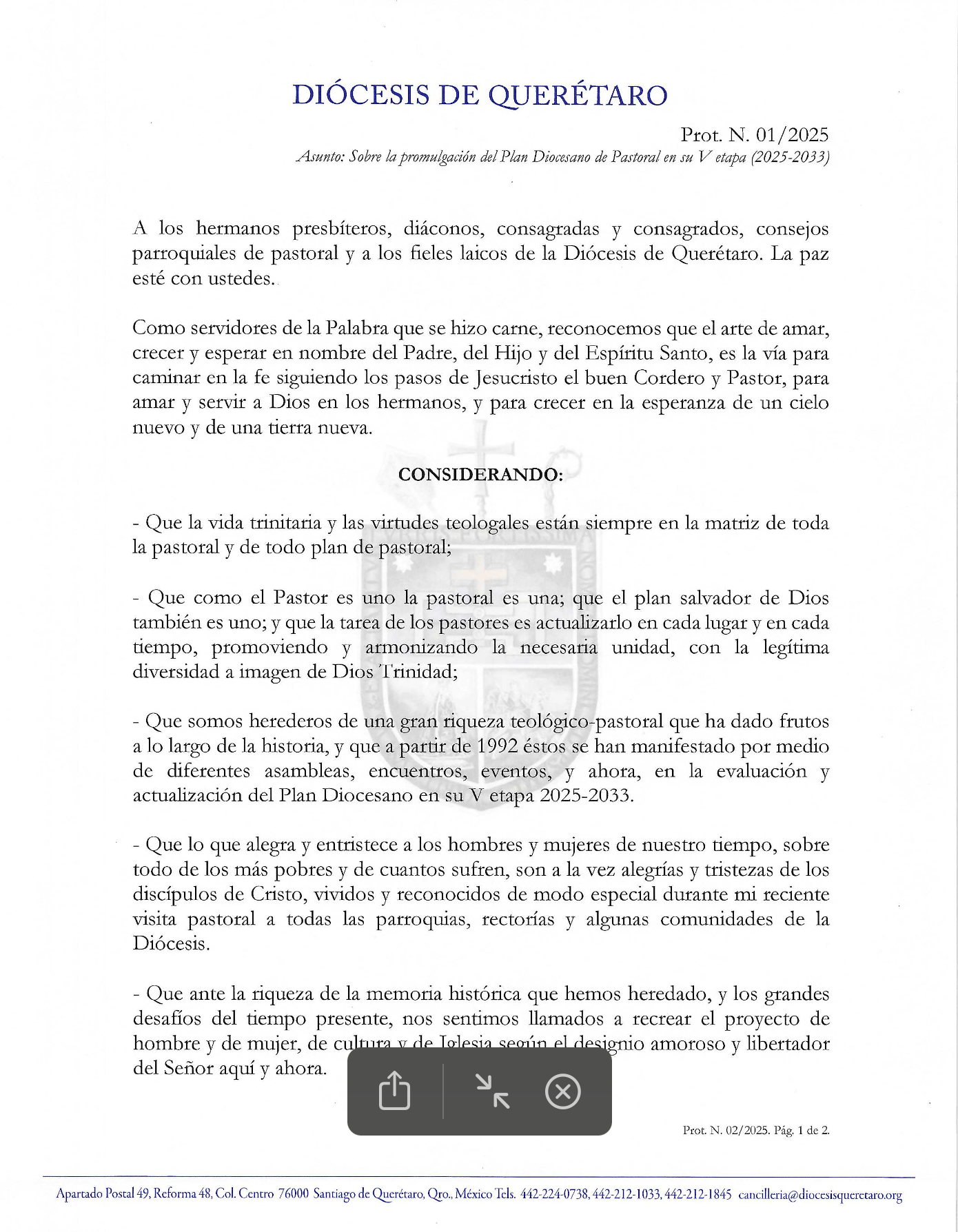 DECRETO  Prot. N. 01/2025. Asunto: Sobre la promulgación del Plan Diocesano de Pastoral en su V etapa (2025-2033) 1